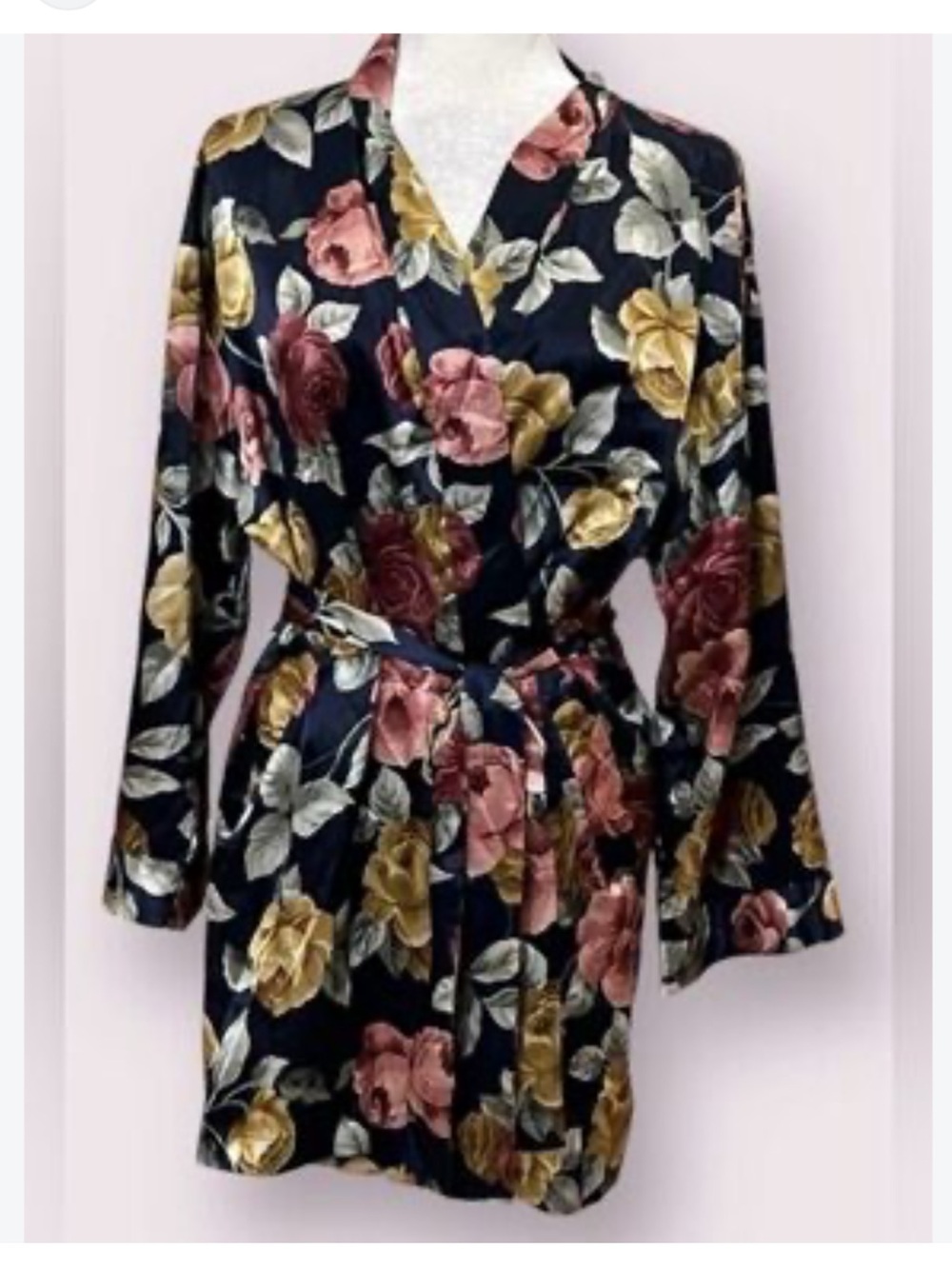 Victorias SecRet robe one Floral Satin Kimono Robe in Navy with Pink & Gold Rose
